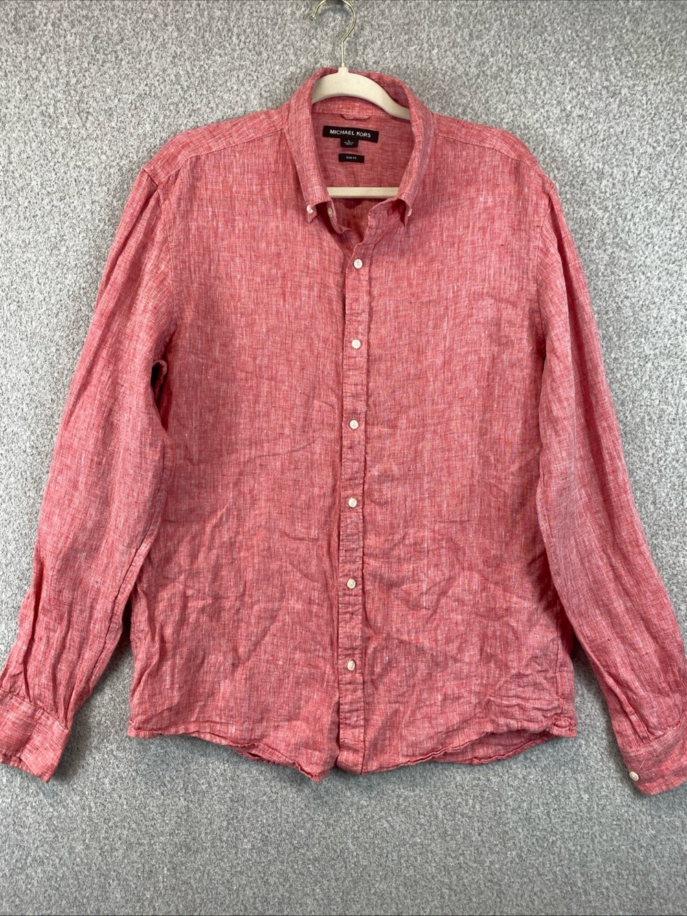 Michael Kors slim fit linen Button Down shirt Mens L Red Casual Travel Preppy